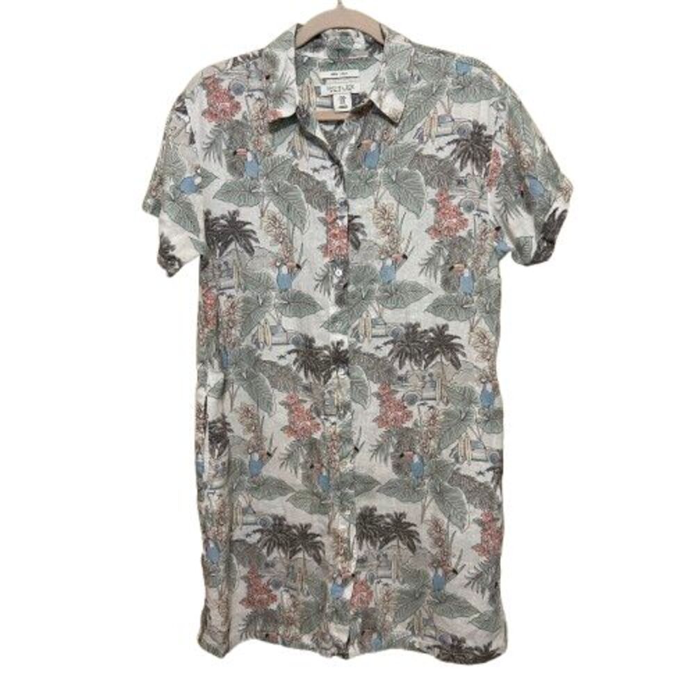 Rachel Zoe 100% Linen Button Front Shirt Dress Womens Medium Tropical Floral